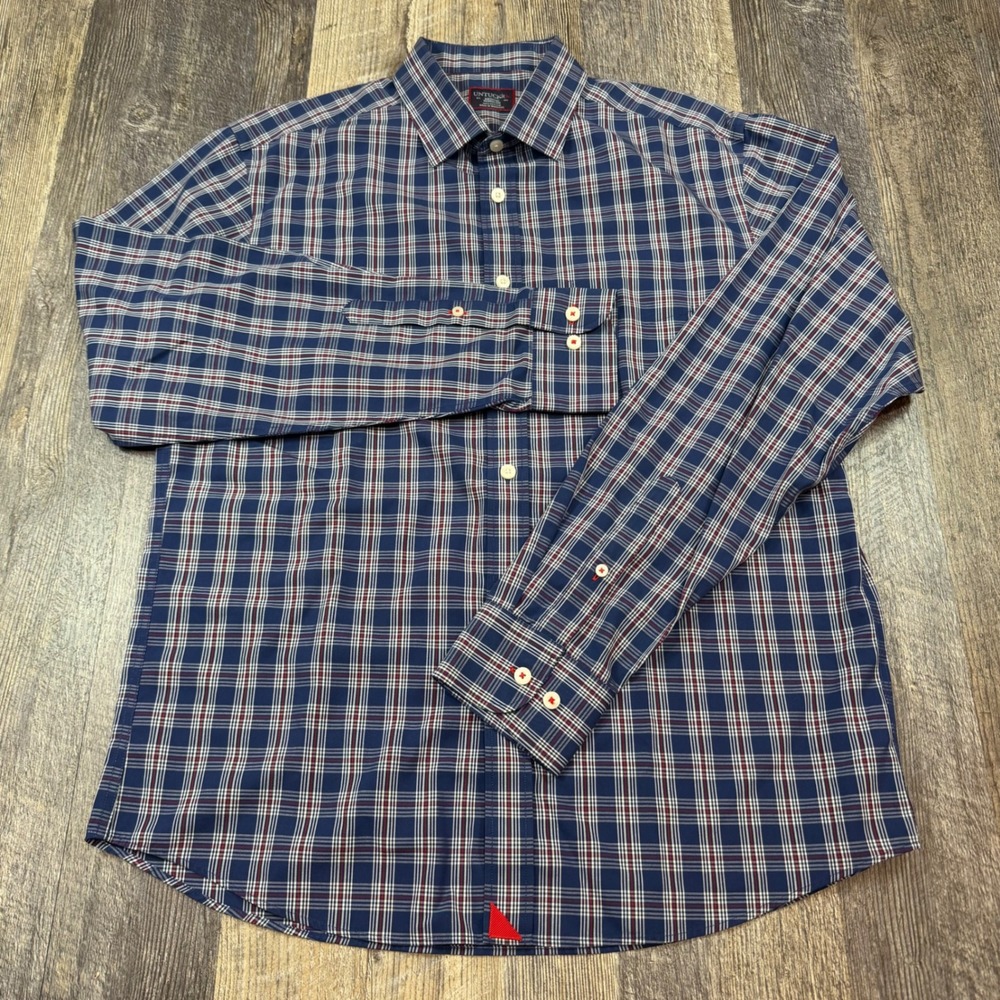 UNTUCKit Mens Plaid Button Down Shirt Navy Blue Red Wrinkle Free Cotton Medium